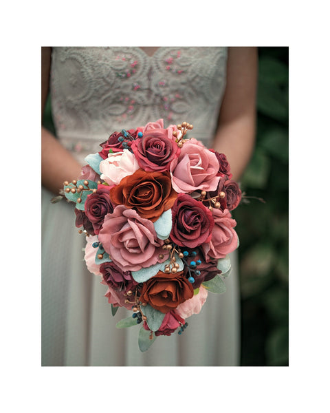 Cascade Bridal Bouquet Burgundy Rust Navy Dusty Mauve Rose Gold - Roses Peonies Berries - Add Groom Boutonniere Bridesmaid Bouquet & More!