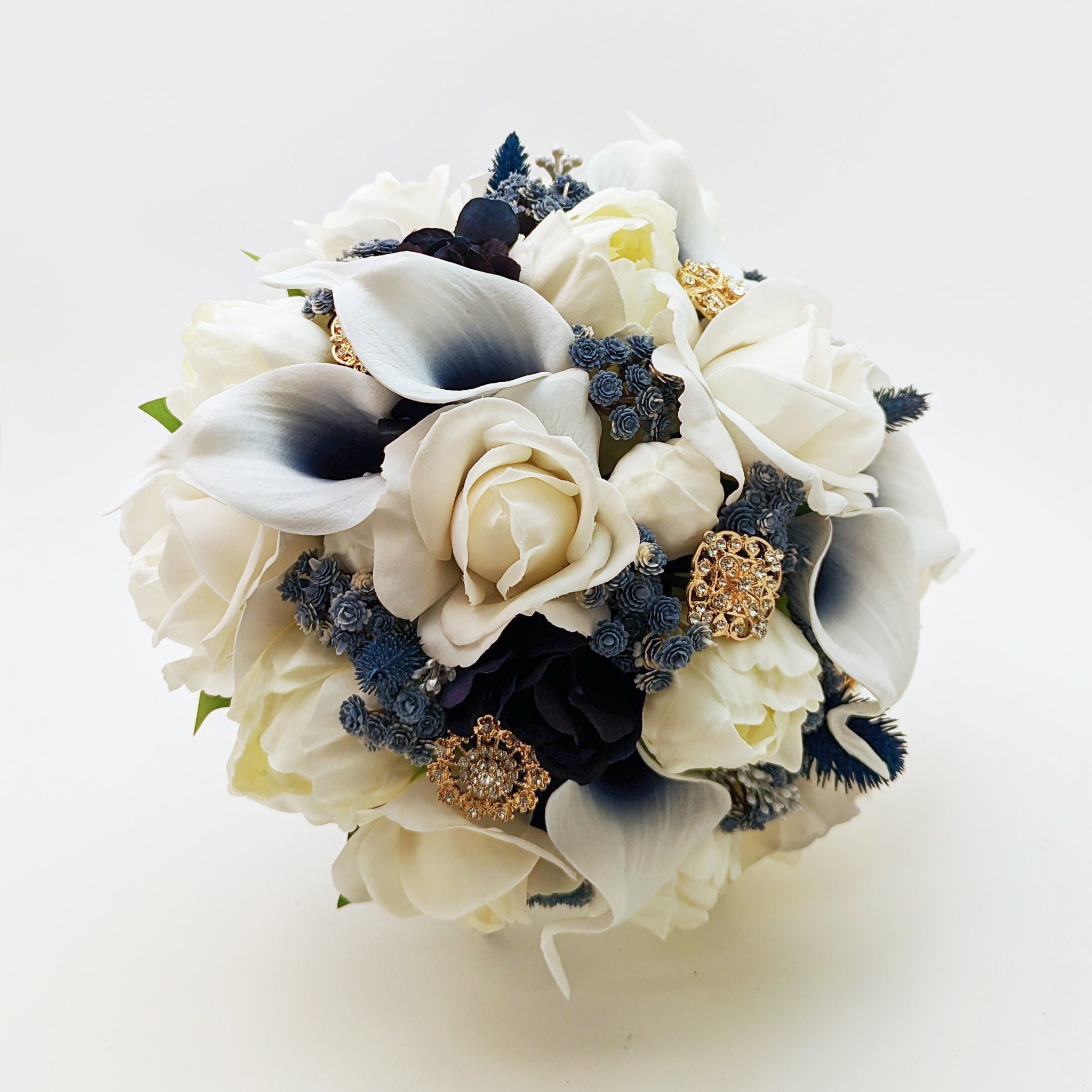 Real Touch Bridal Bouquet - White Roses Peonies Navy Callas Gold Brooches - Bridal or Bridesmaid Bouquet Add Corsages Boutonnieres & More!