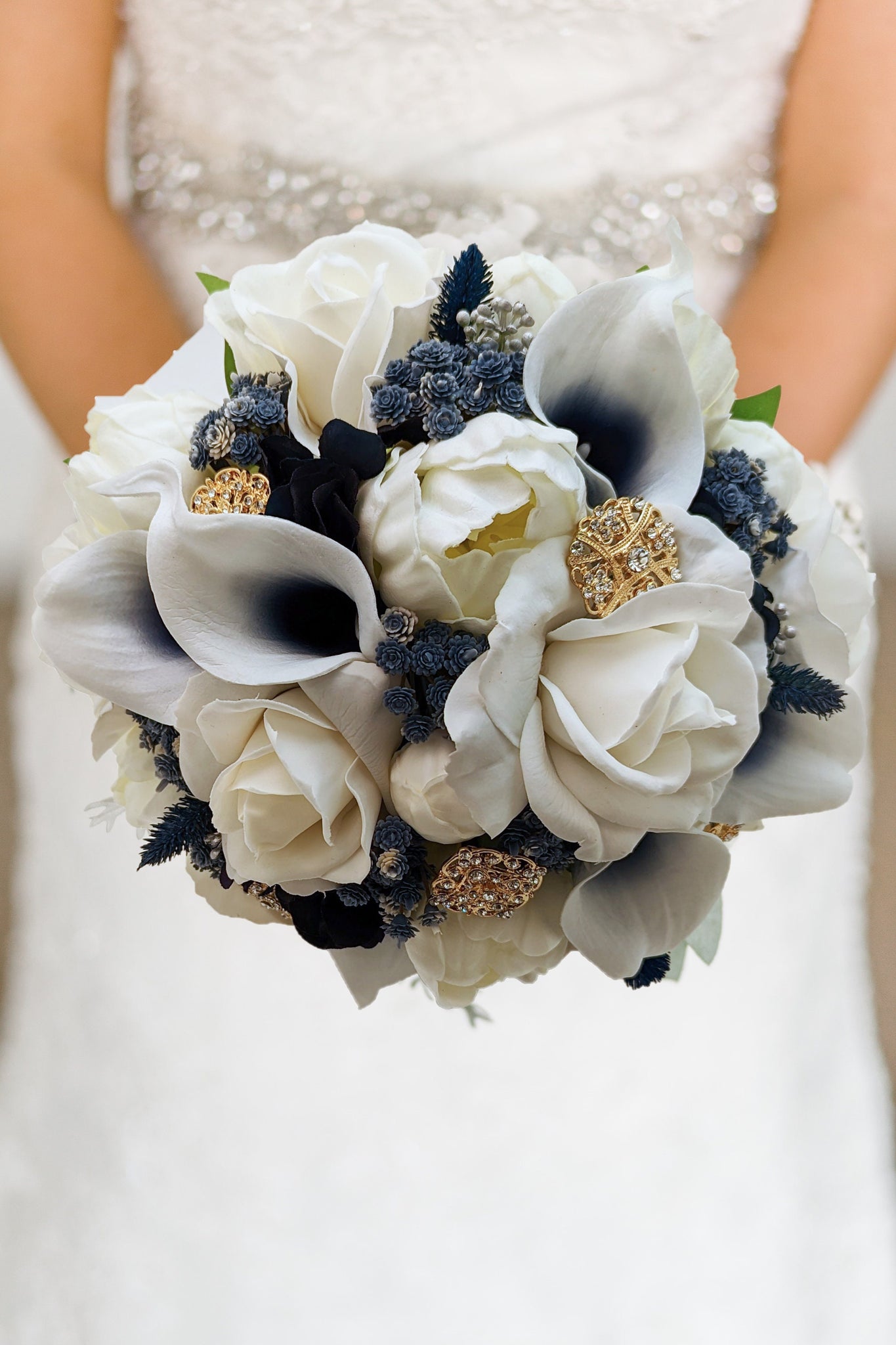 Real Touch Bridal Bouquet - White Roses Peonies Navy Callas Gold Brooches - Bridal or Bridesmaid Bouquet Add Corsages Boutonnieres & More!