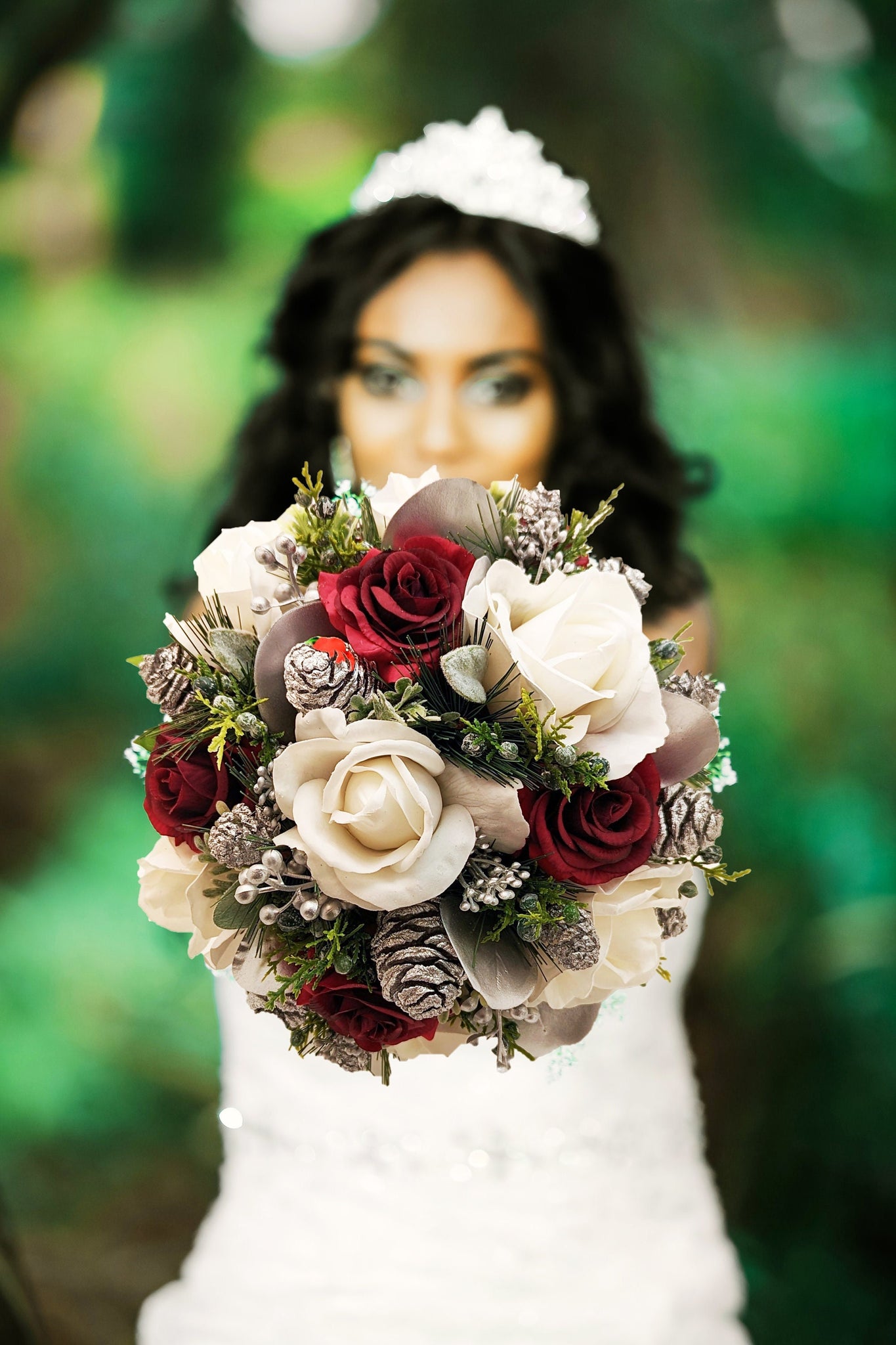 Bridal Bouquet Evergreens Burgundy Silver & White Bouquet Pine Cones Real Touch Roses - add a Groom's Boutonniere Bridesmaids Bouquet More!