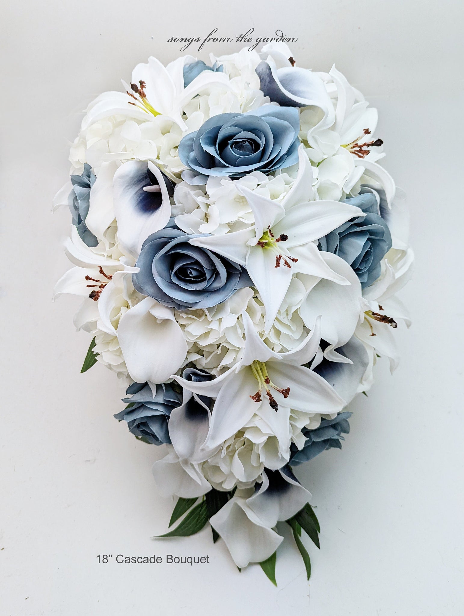 Cascade Bridal Bouquet Navy Blue Callas Dusty Blue Roses Real Touch Tiger Lilies - Add Boutonniere Wedding Centerpiece Flower Crown & More!