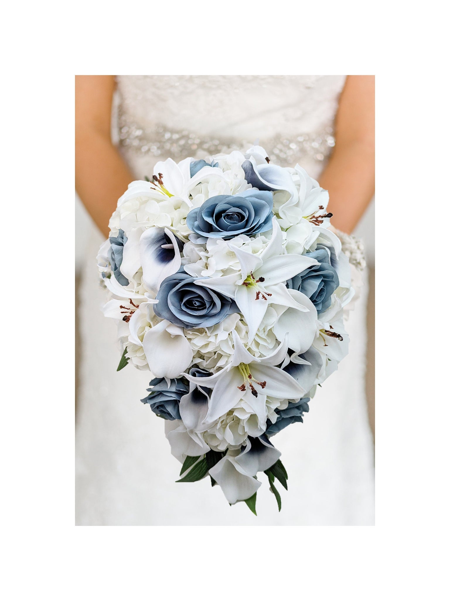 Cascade Bridal Bouquet Navy Blue Callas Dusty Blue Roses Real Touch Tiger Lilies - Add Boutonniere Wedding Centerpiece Flower Crown & More!