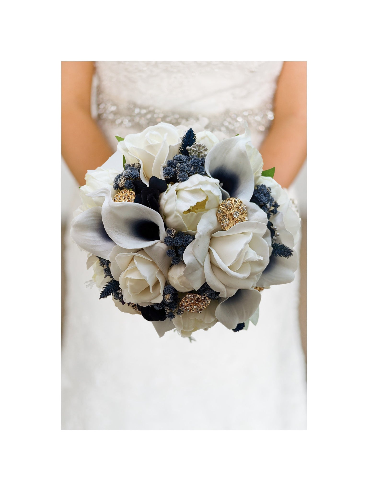 Real Touch Bridal Bouquet - White Roses Peonies Navy Callas Gold Brooches - Bridal or Bridesmaid Bouquet Add Corsages Boutonnieres & More!