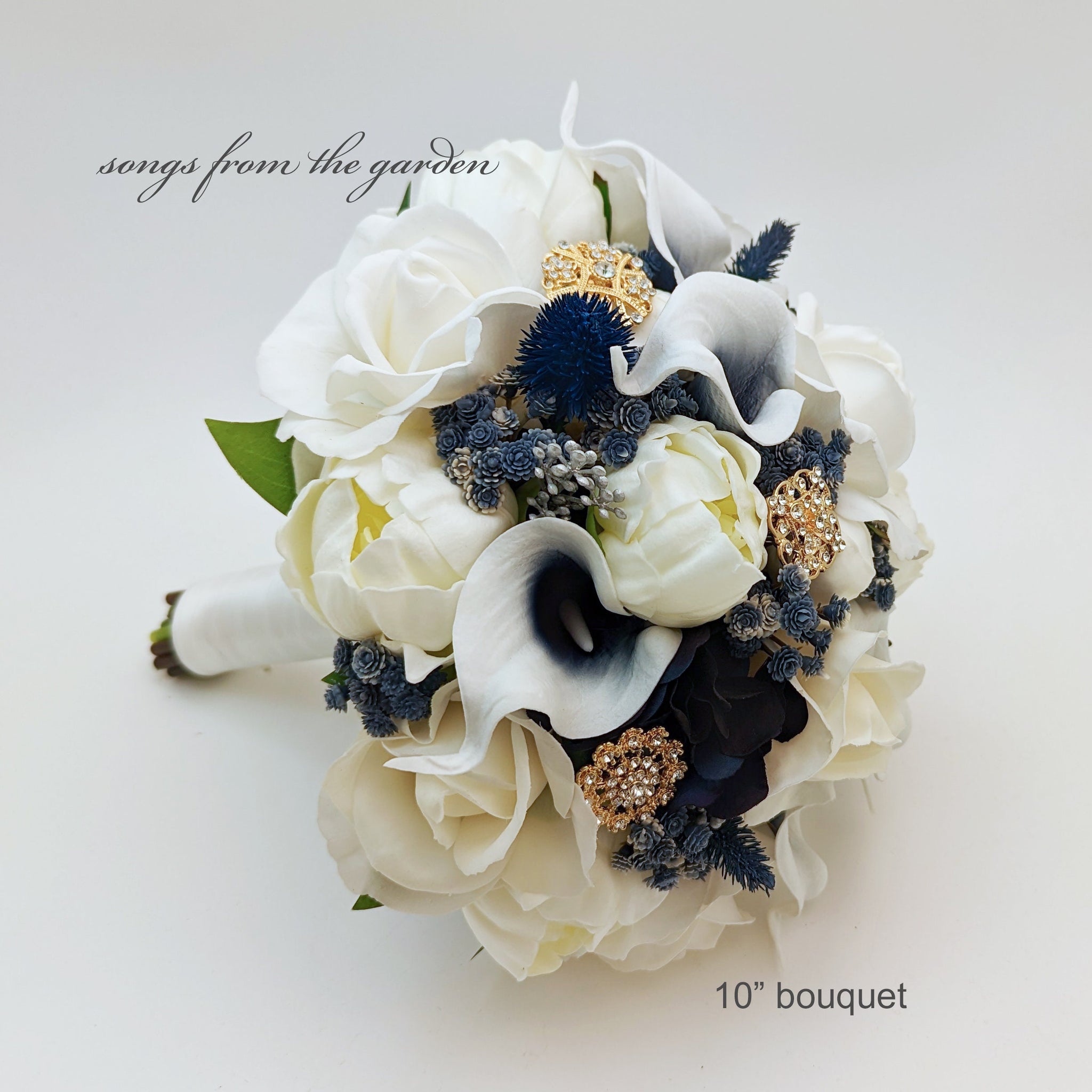 Real Touch Bridal Bouquet - White Roses Peonies Navy Callas Gold Brooches - Bridal or Bridesmaid Bouquet Add Corsages Boutonnieres & More!