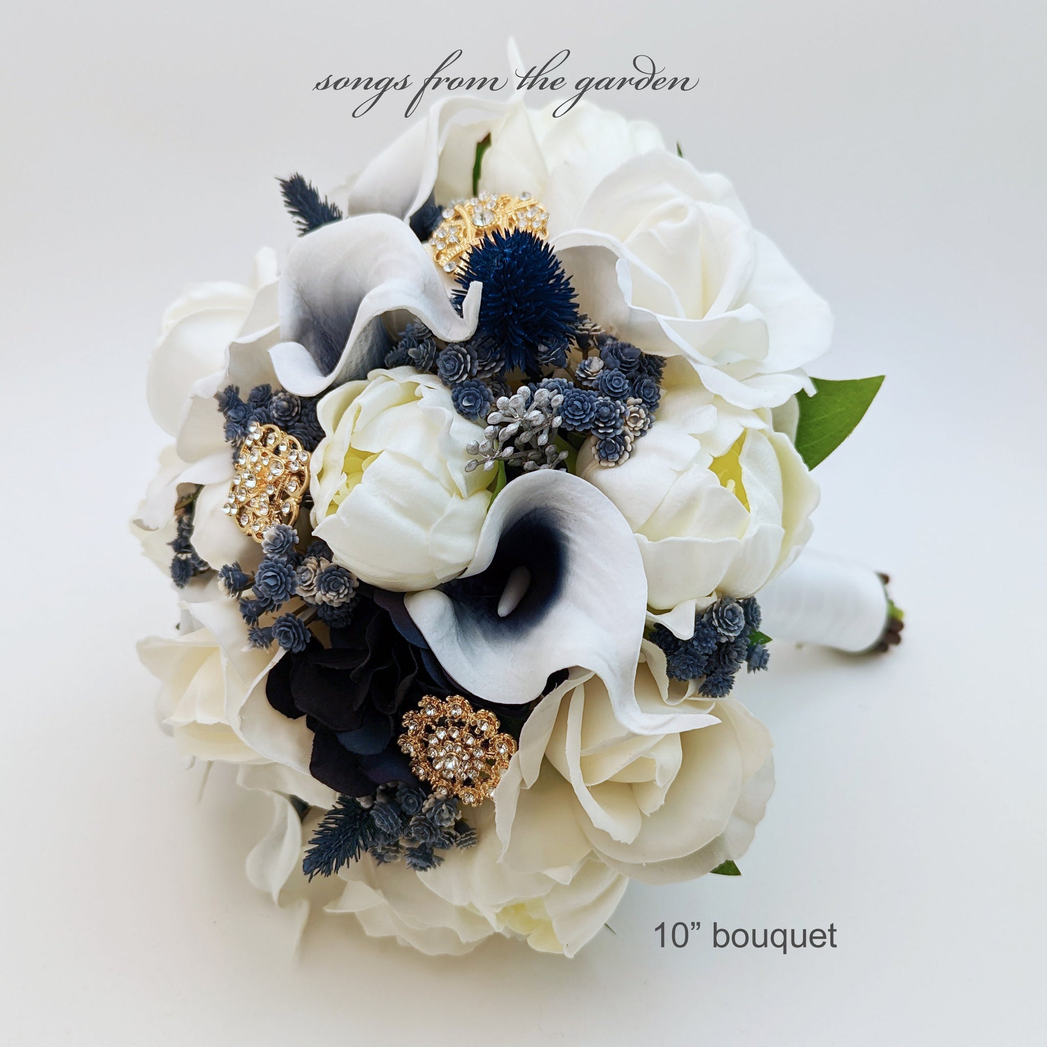 Real Touch Bridal Bouquet - White Roses Peonies Navy Callas Gold Brooches - Bridal or Bridesmaid Bouquet Add Corsages Boutonnieres & More!