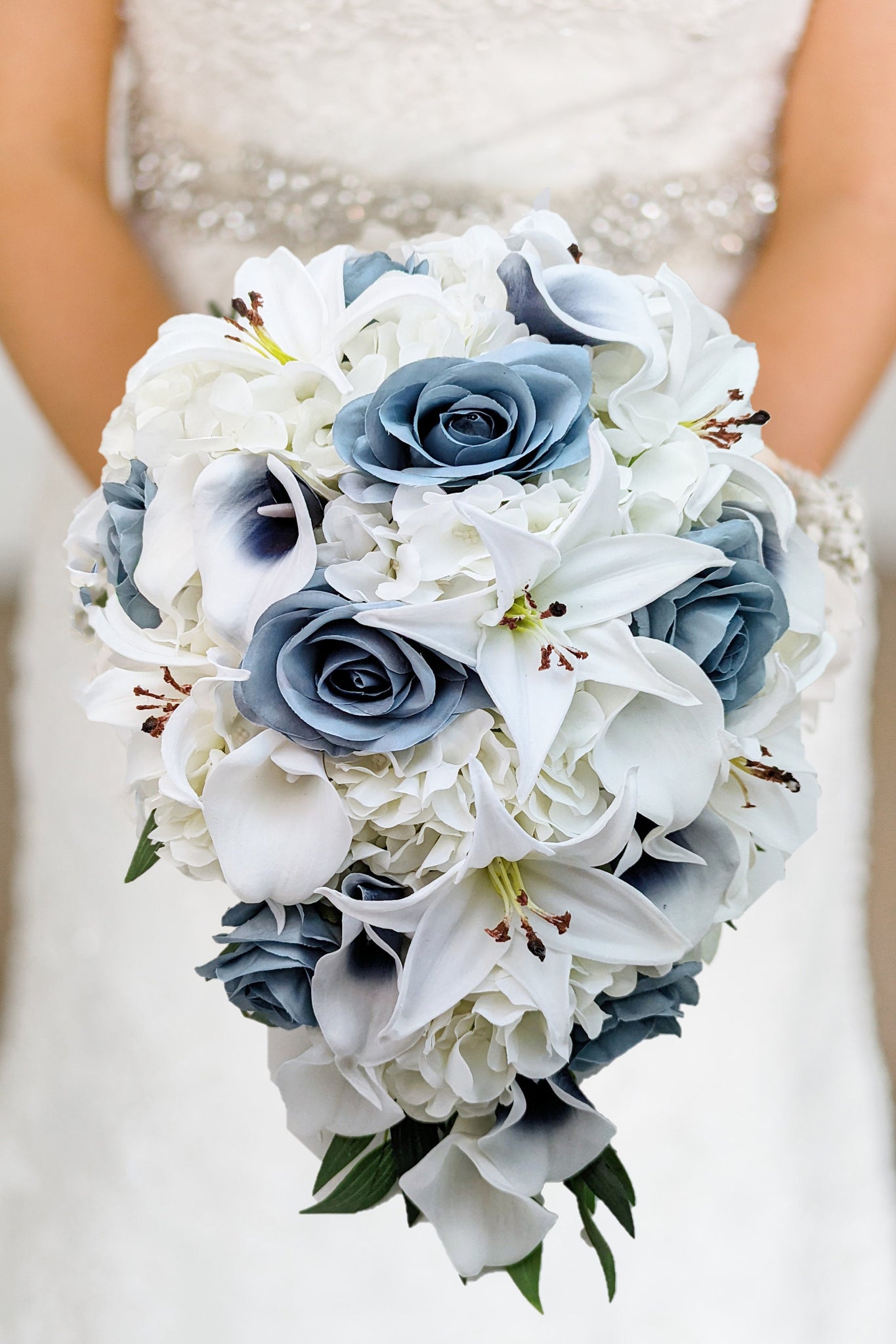 Cascade Bridal Bouquet Navy Blue Callas Dusty Blue Roses Real Touch Tiger Lilies - Add Boutonniere Wedding Centerpiece Flower Crown & More!