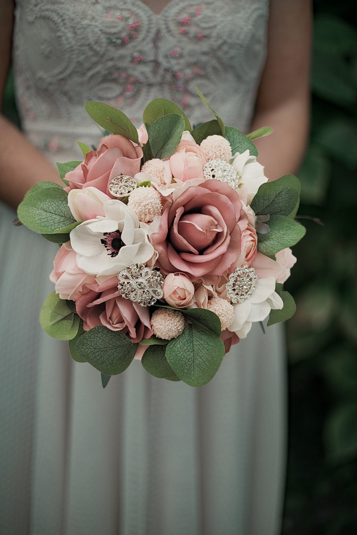 Bridal or Bridesmaid Wedding Bouquet Eucalyptus Peonies Roses Hydrangea Mauve Pink White with Brooches - Add Boutonniere Flower Crown More!