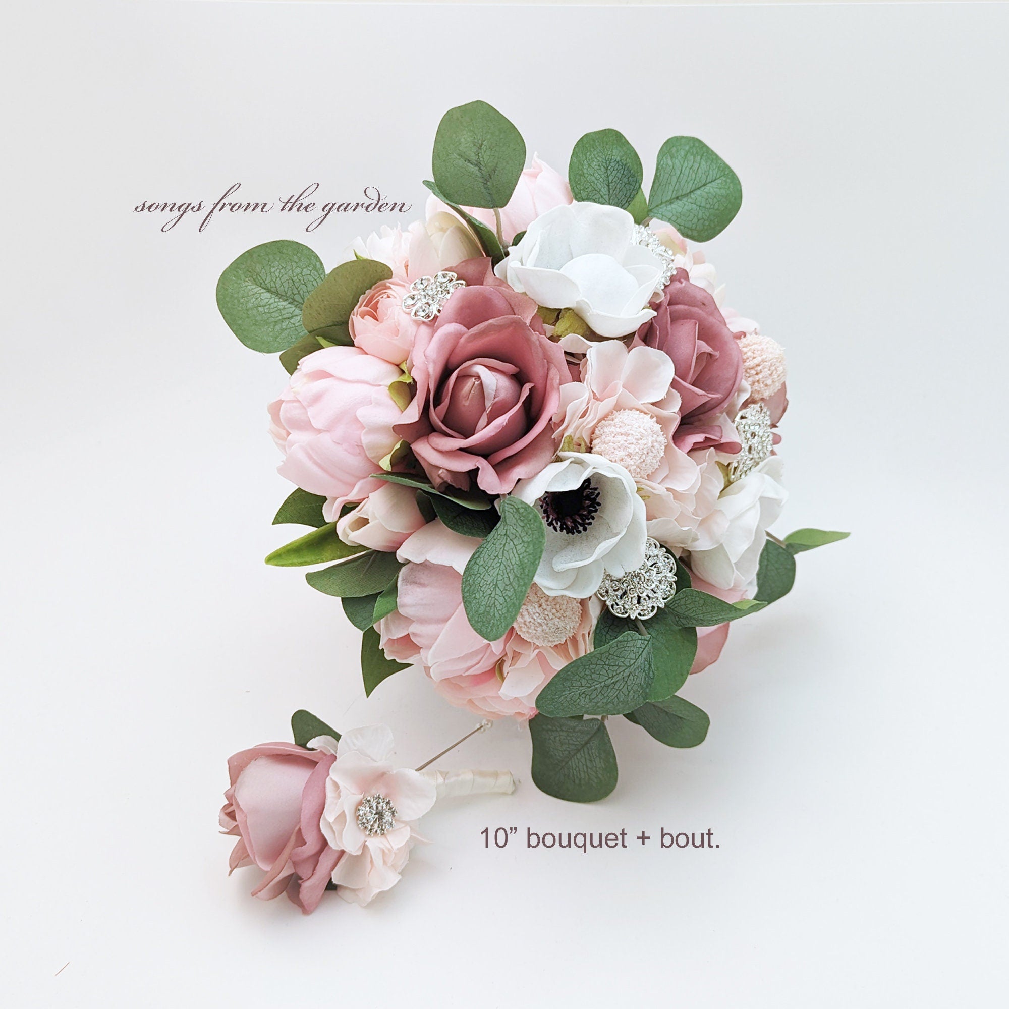 Bridal or Bridesmaid Wedding Bouquet Eucalyptus Peonies Roses Hydrangea Mauve Pink White with Brooches - Add Boutonniere Flower Crown More!