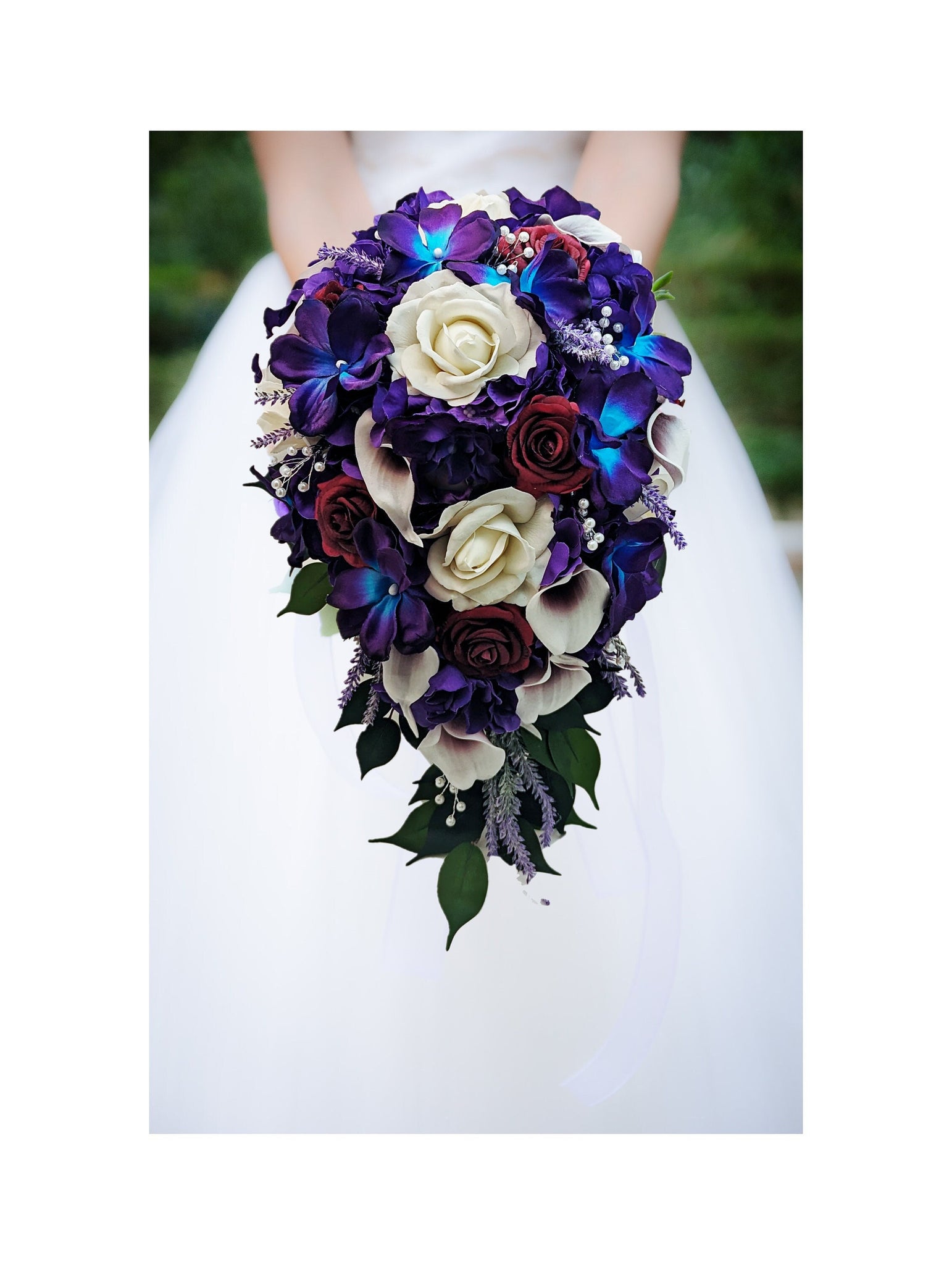 Galaxy Blue Orchid Callas Burgundy Roses Cascade Bridal Bouquet - add a Groom's Groomsmen Boutonniere Bridesmaid Bouquet Wedding Centerpiece