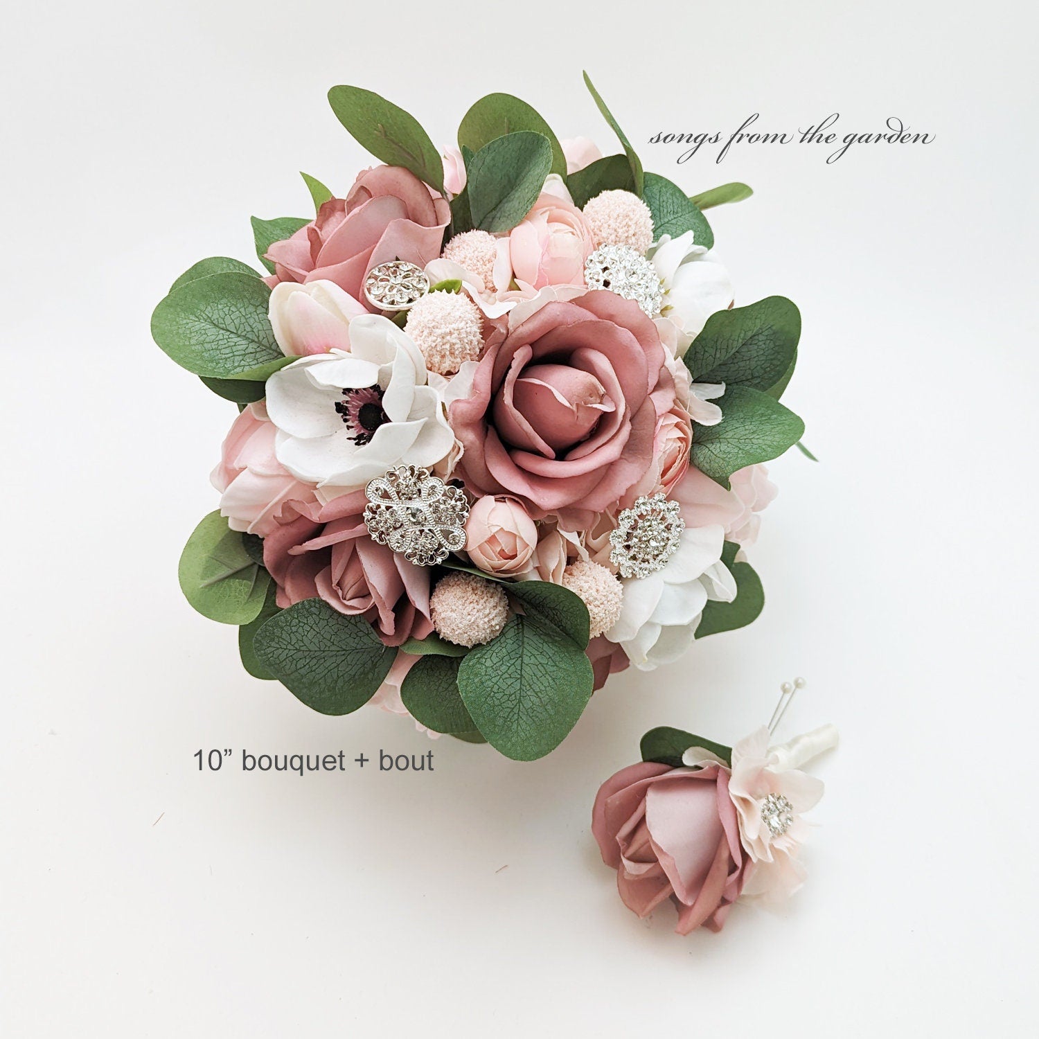 Bridal or Bridesmaid Wedding Bouquet Eucalyptus Peonies Roses Hydrangea Mauve Pink White with Brooches - Add Boutonniere Flower Crown More!