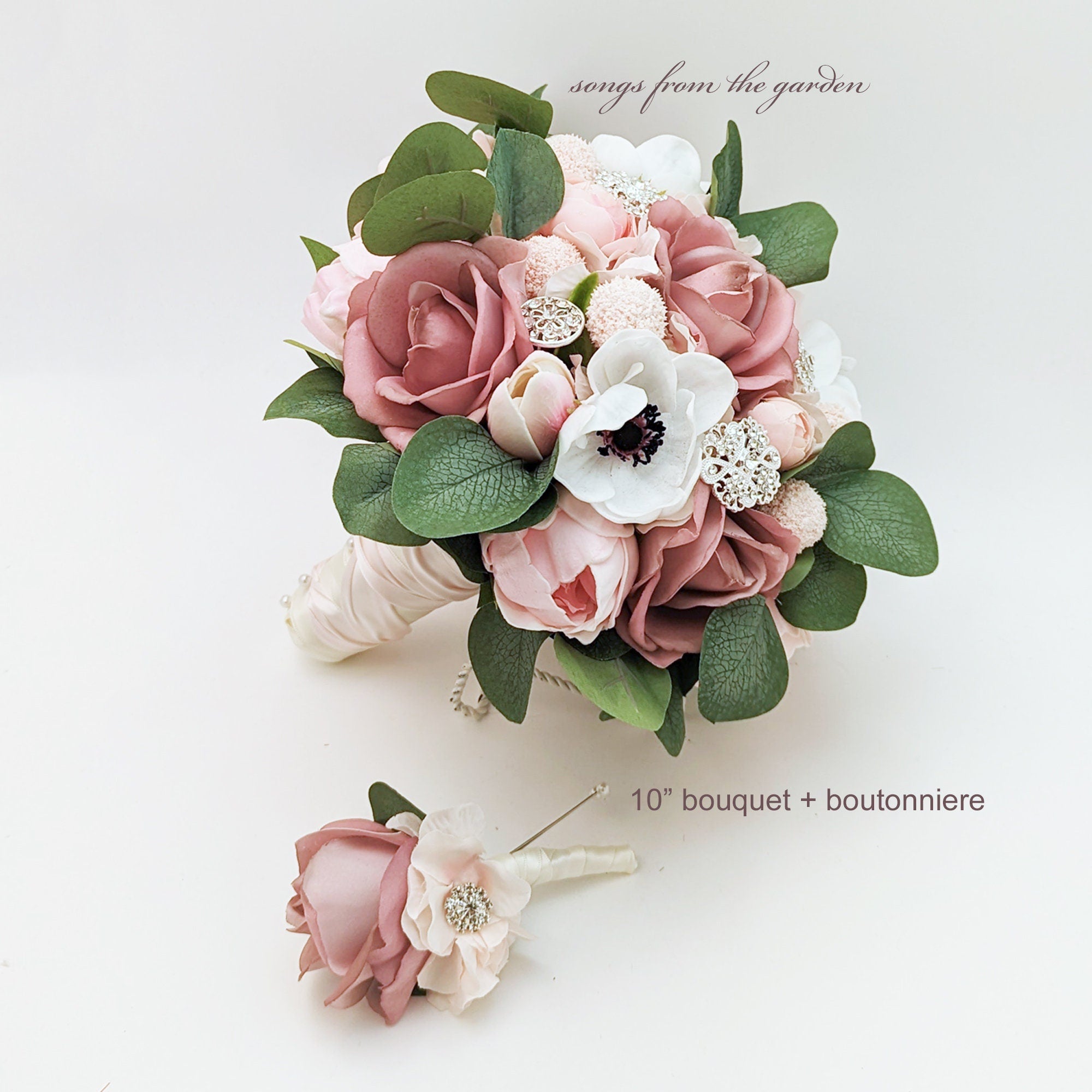 Bridal or Bridesmaid Wedding Bouquet Eucalyptus Peonies Roses Hydrangea Mauve Pink White with Brooches - Add Boutonniere Flower Crown More!
