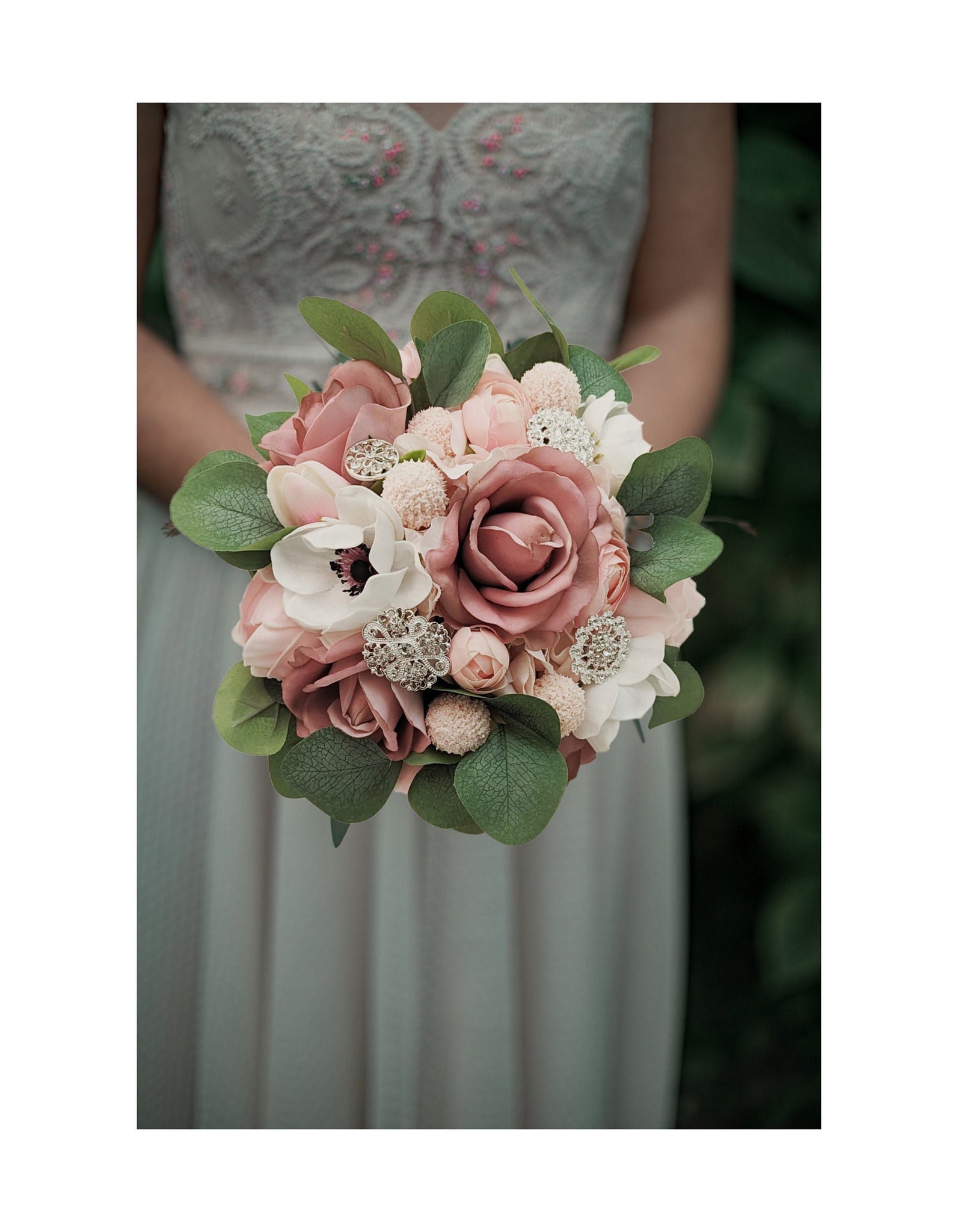 Bridal or Bridesmaid Wedding Bouquet Eucalyptus Peonies Roses Hydrangea Mauve Pink White with Brooches - Add Boutonniere Flower Crown More!