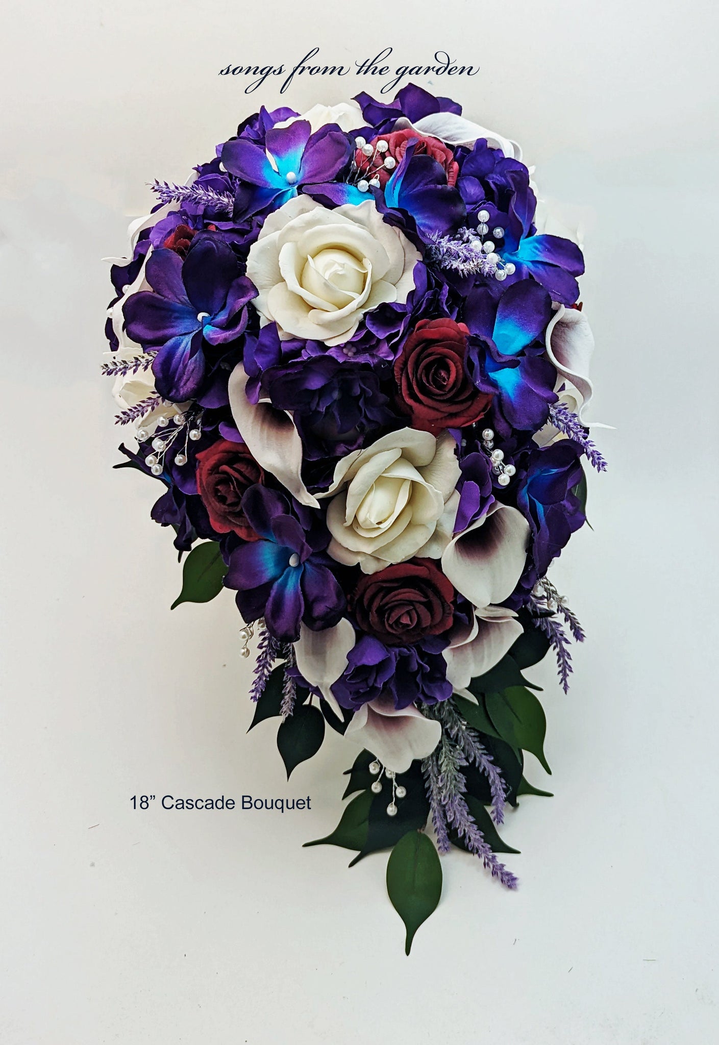 Galaxy Blue Orchid Callas Burgundy Roses Cascade Bridal Bouquet - add a Groom's Groomsmen Boutonniere Bridesmaid Bouquet Wedding Centerpiece