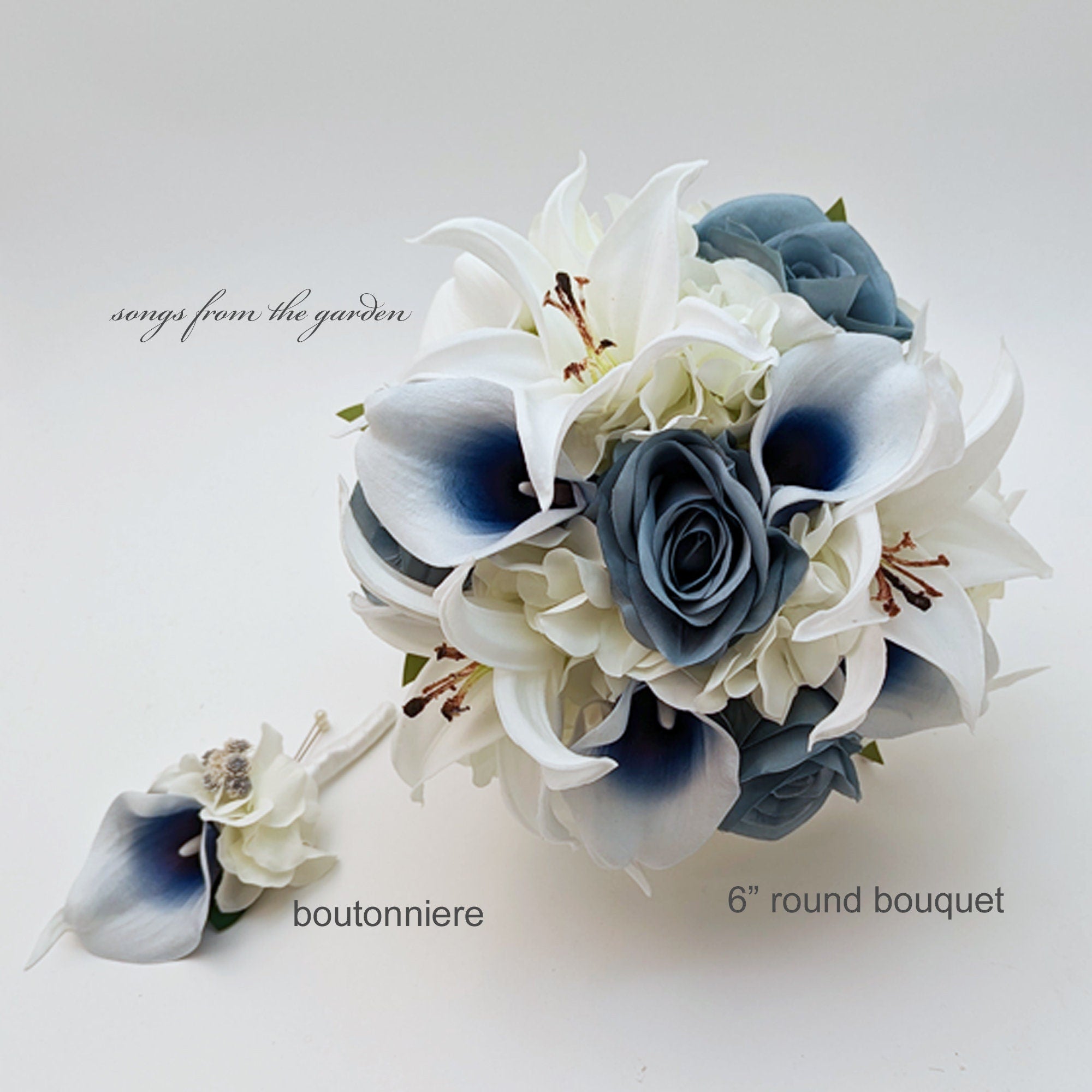 Cascade Bridal Bouquet Navy Blue Callas Dusty Blue Roses Real Touch Tiger Lilies - Add Boutonniere Wedding Centerpiece Flower Crown & More!