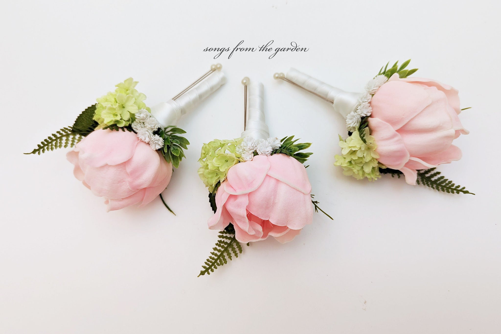 Pink Peony Boutonnieres - Hops Baby's Breath and Viburnum Accents -  Groom Groomsmen Boutonnieres Prom Homecoming Boutonniere