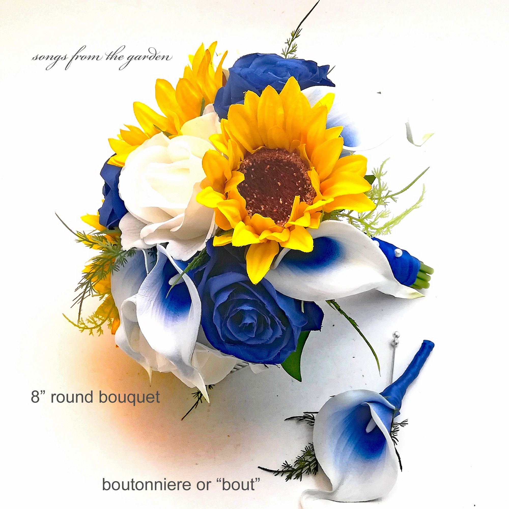 Cascade Bridal Bouquet Sunflowers Royal Blue White Silver - Real Touch Royal Blue Roses and Rhinestones - Add Groom's Boutonniere Bridesmaid