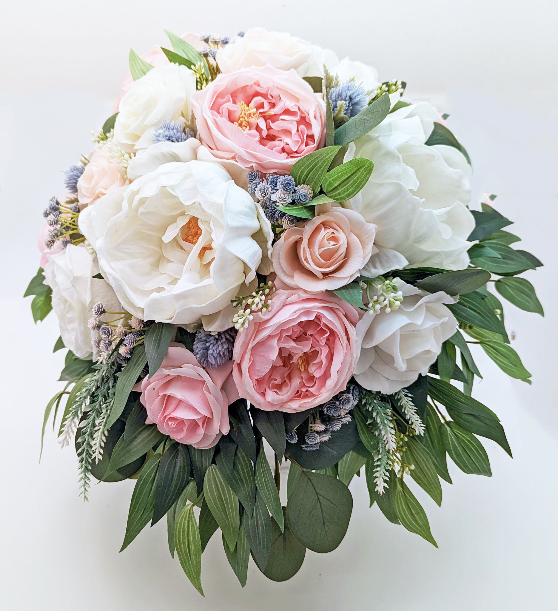 Cascade Bridal Bouquet Pink Peach Dusty Blue Real Touch Garden Roses Peonies Eucalyptus - Add Boutonniere Bridesmaid Corsage & More!