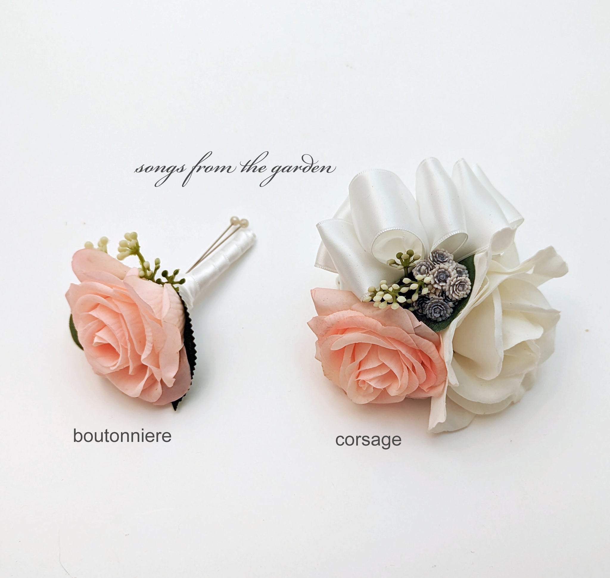 Cascade Bridal Bouquet Pink Peach Dusty Blue Real Touch Garden Roses Peonies Eucalyptus - Add Boutonniere Bridesmaid Corsage & More!