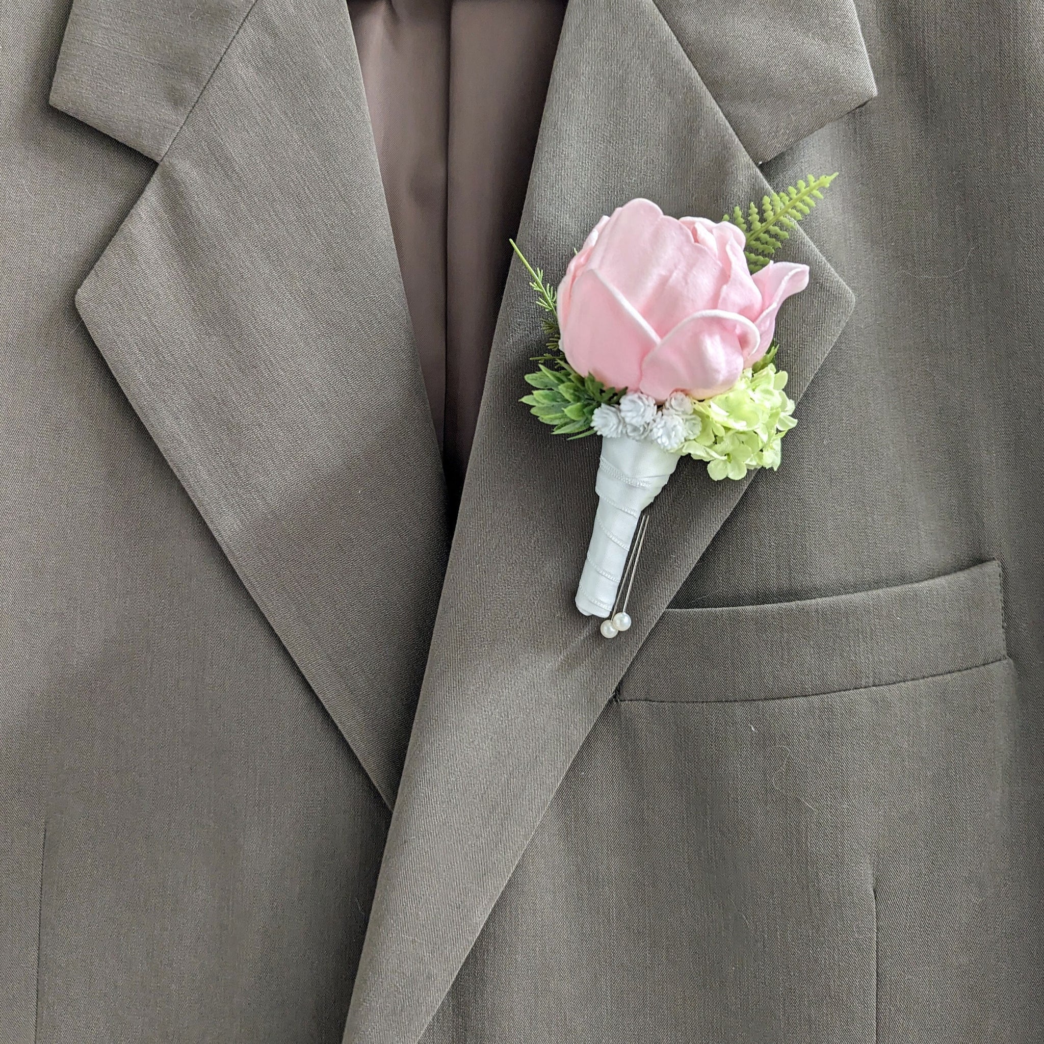 Pink Peony Boutonnieres - Hops Baby's Breath and Viburnum Accents -  Groom Groomsmen Boutonnieres Prom Homecoming Boutonniere