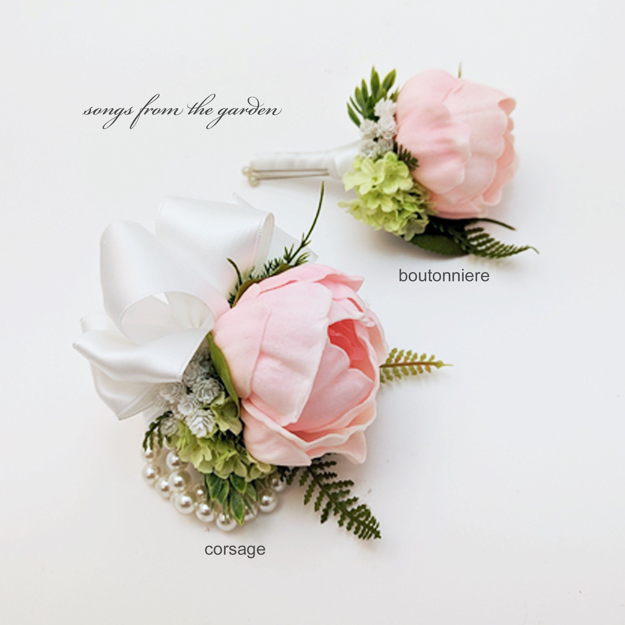 Pink Peony Boutonniere or Corsage - Hops Viburnunam Baby's Breath Accents - Groom Groomsmen Boutonnieres Wedding Prom Homecoming Corsage