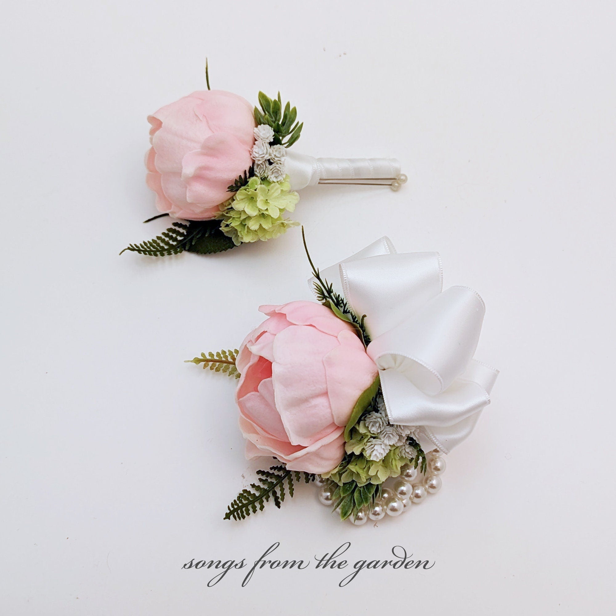 Pink Peony Boutonniere or Corsage - Hops Viburnunam Baby's Breath Accents -  Groom Groomsmen Boutonnieres Wedding Prom Homecoming Corsage