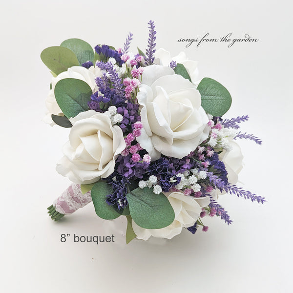 Bridal or Bridesmaid Bouquet Purple Lavender Real Touch Roses Lavender Baby's Breath - Add Groom Boutonniere Matching Corsage and More!