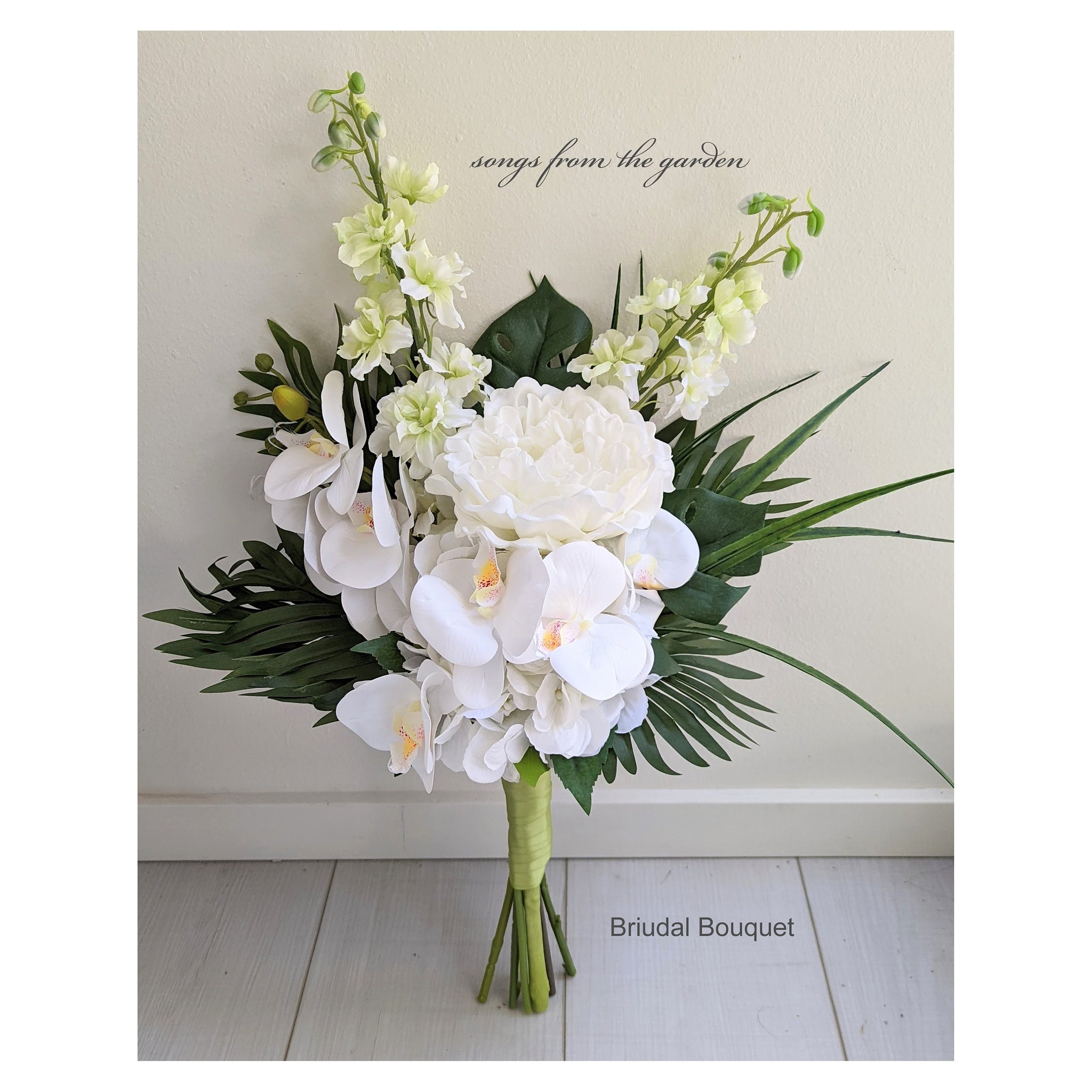 Tropical Wedding Bouquet - Orchids Peonies Palm Greenery - Bridal Bouquet or Bridesmaid Bouquet - add a Groom's or Groomsmen Boutonniere