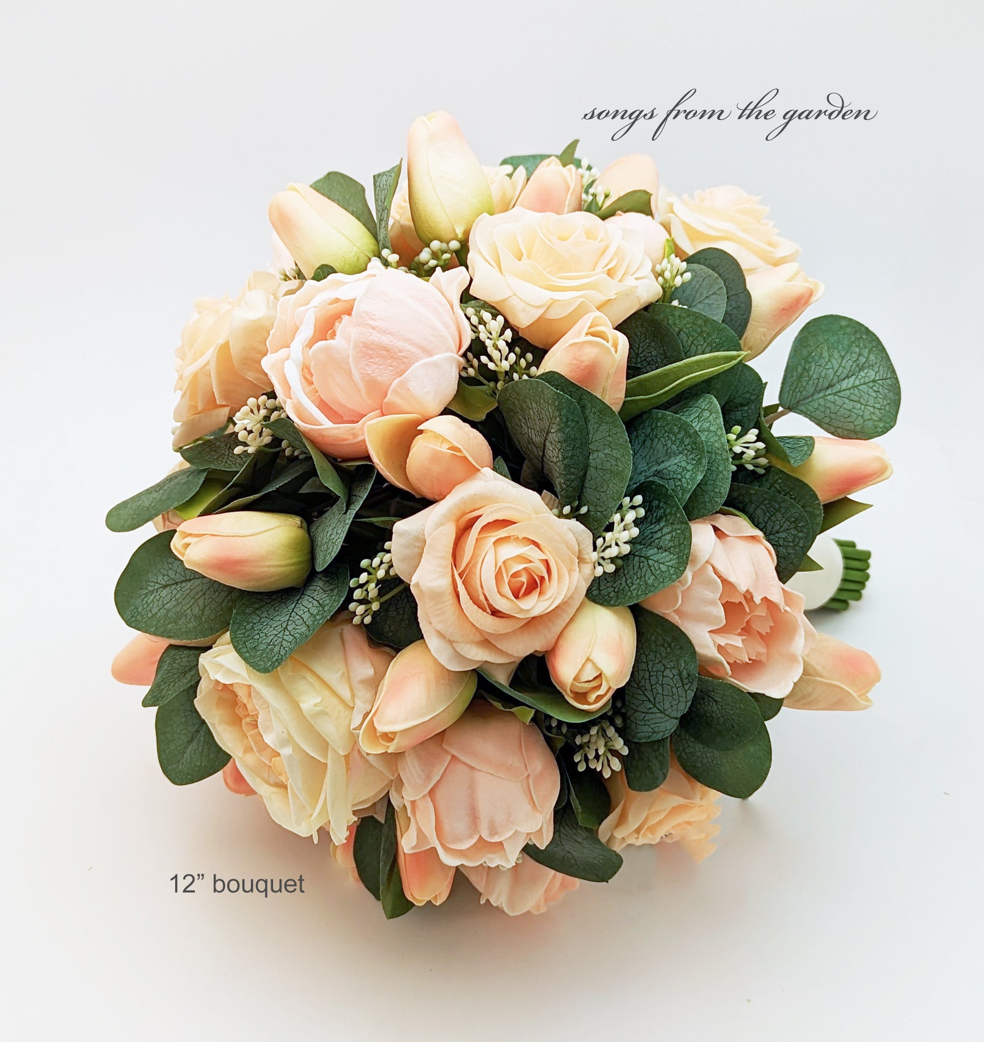 Peach Bridal or Bridesmaid Bouquet Eucalyptus Peonies Roses Tulips - Add Groom's Boutonniere Corsage Wedding Centerpiece Crown & More!