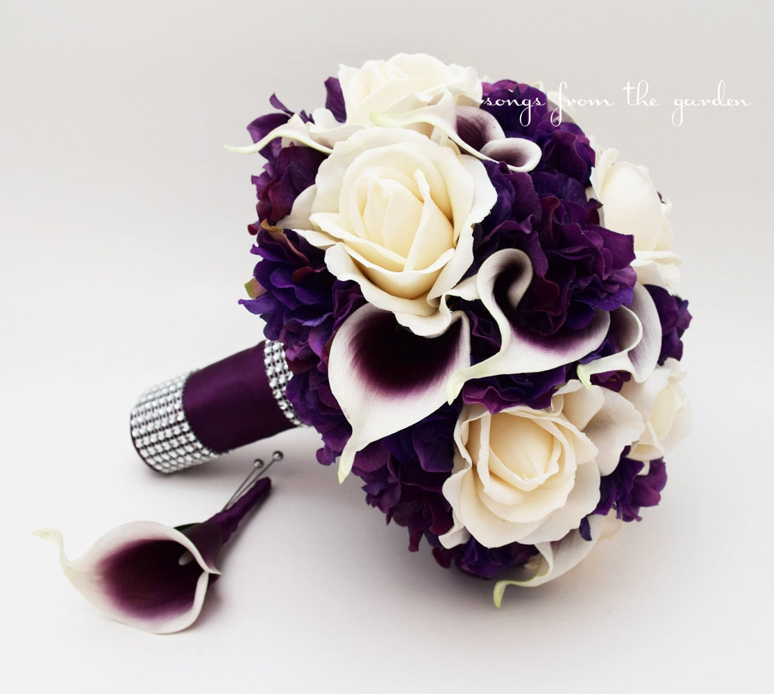 Purple Bridal or Bridesmaid Bouquet Real Touch Callas Ivory Roses Hydrangea add Groom Boutonniere Flower Crown Corsage Arch Flowers & More!