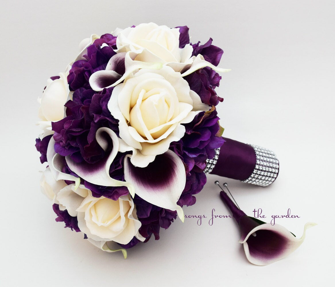 Purple Bridal or Bridesmaid Bouquet Real Touch Callas Ivory Roses Hydrangea add Groom Boutonniere Flower Crown Corsage Arch Flowers & More!