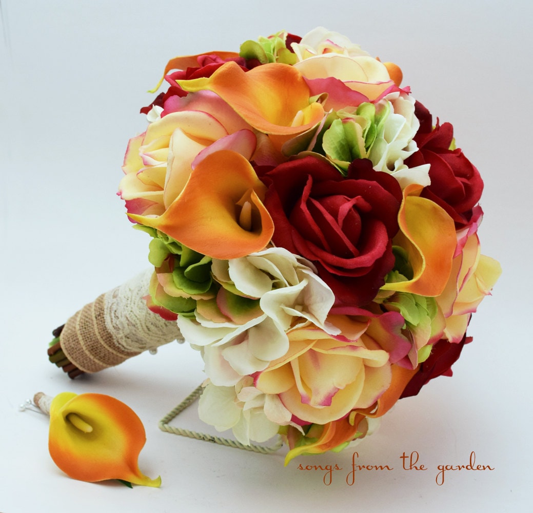 Autumn Wedding Bridal Bouquet Groom's Boutonniere Confetti Red Real Touch Roses Calla Lily Fall Bouquet - Add Corsage Flower Crown and More!