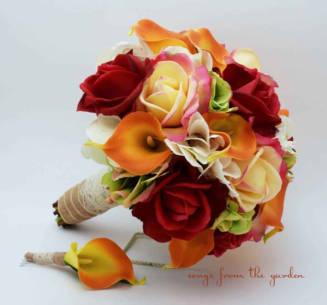 Autumn Wedding Bridal Bouquet Groom's Boutonniere Confetti Red Real Touch Roses Calla Lily Fall Bouquet - Add Corsage Flower Crown and More!