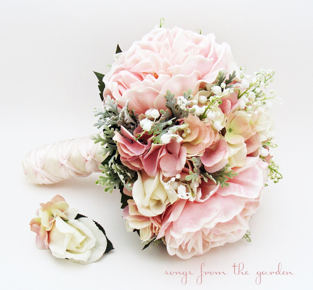 Bridal or Bridesmaid Wedding Bouquet Lily of the Valley Peonies Roses Hydrangea Pink White - Add Groom's Boutonniere Flower Crown and More!