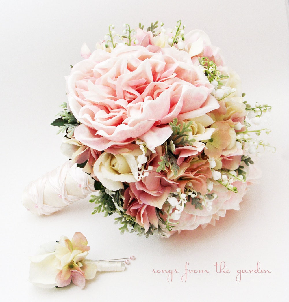 Bridal or Bridesmaid Wedding Bouquet Lily of the Valley Peonies Roses Hydrangea Pink White - Add Groom's Boutonniere Flower Crown and More!