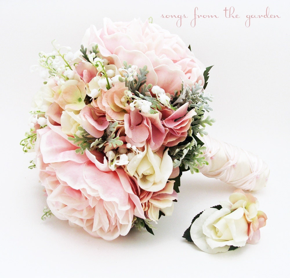 Bridal or Bridesmaid Wedding Bouquet Lily of the Valley Peonies Roses Hydrangea Pink White - Add Groom's Boutonniere Flower Crown and More!