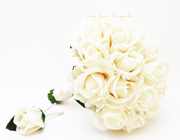 Ivory Real Touch Roses Bridal or Bridesmaid Bouquet - add Groom or Groomsman Boutonniere - Choose Your Ribbon Color - Wedding Flower Bouquet
