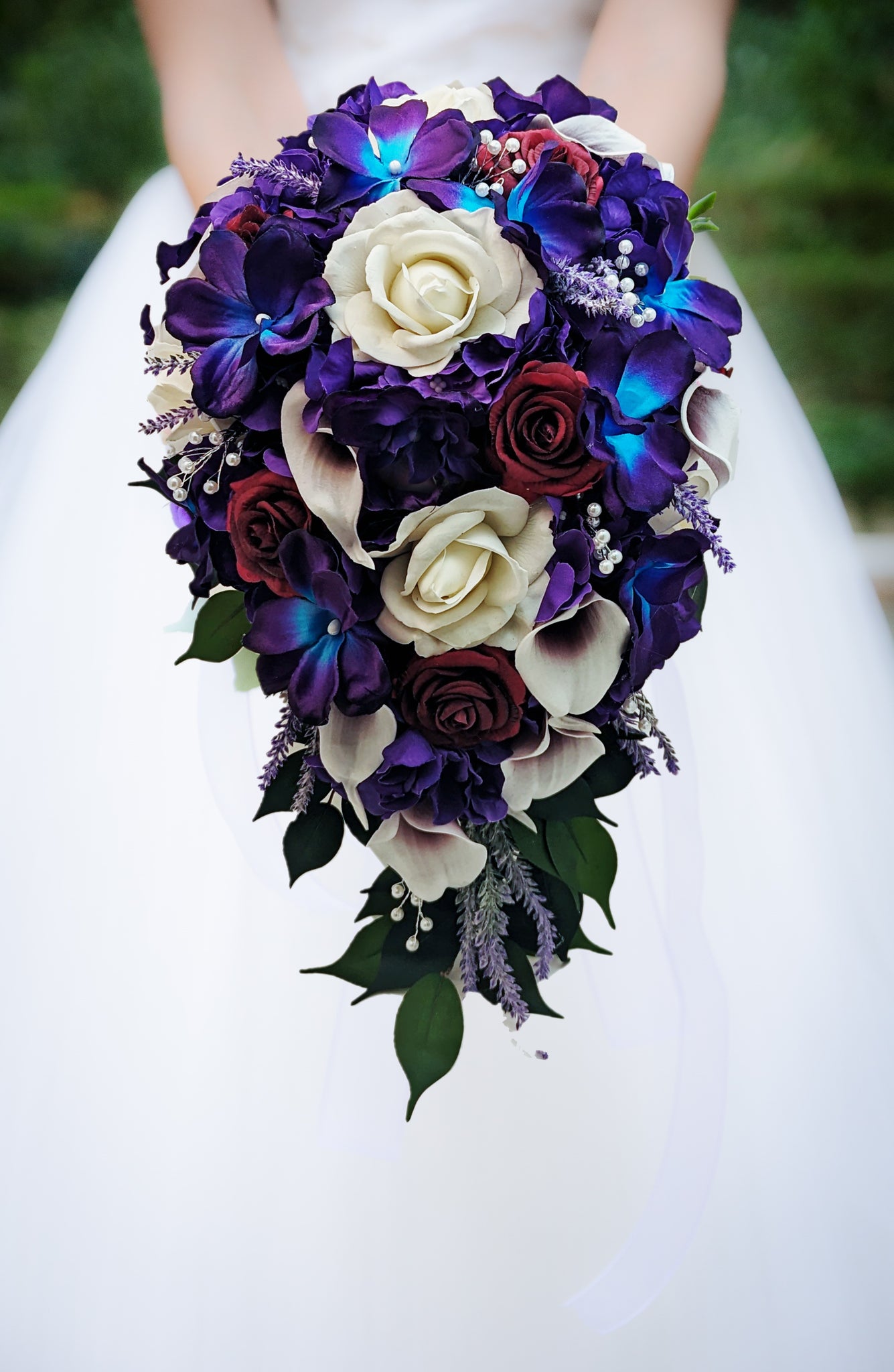 Galaxy Blue Orchid Callas Burgundy Roses Bridal or Bridesmaid Bouquet - add a Groom's or Groomsmen Boutonniere Wedding Centerpiece & More!