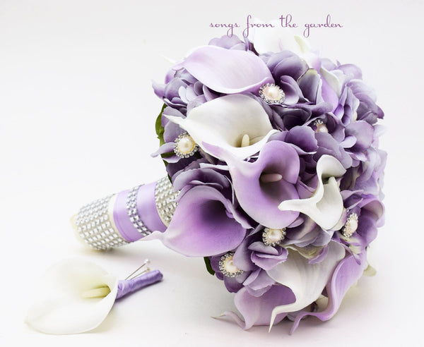 Lavender & White Real Touch Calla Lily Wedding Bouquet with Rhinestone Pearl Accents - Add Groom Boutonniere Bridesmaid Bouquet and More!