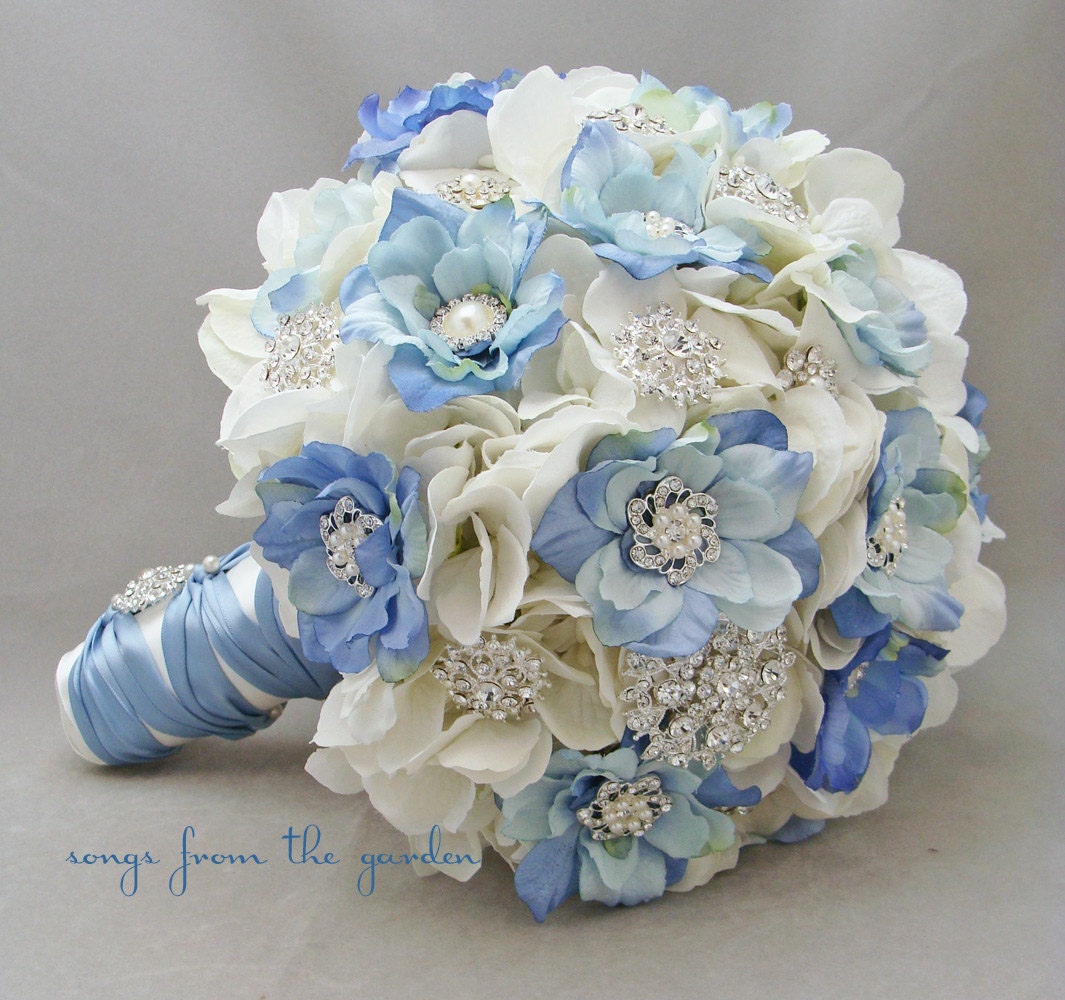 Blue and White Brooches & Blooms Bridal or Bridesmaid Bouquet Boutonniere - Silk Flower Wedding White Blue Bouquet - Add a Boutonniere