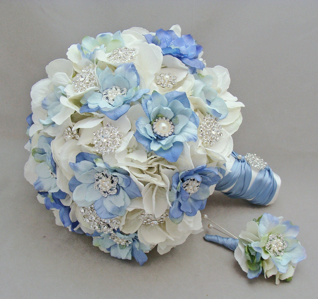 Blue and White Brooches & Blooms Bridal or Bridesmaid Bouquet Boutonniere - Silk Flower Wedding White Blue Bouquet - Add a Boutonniere