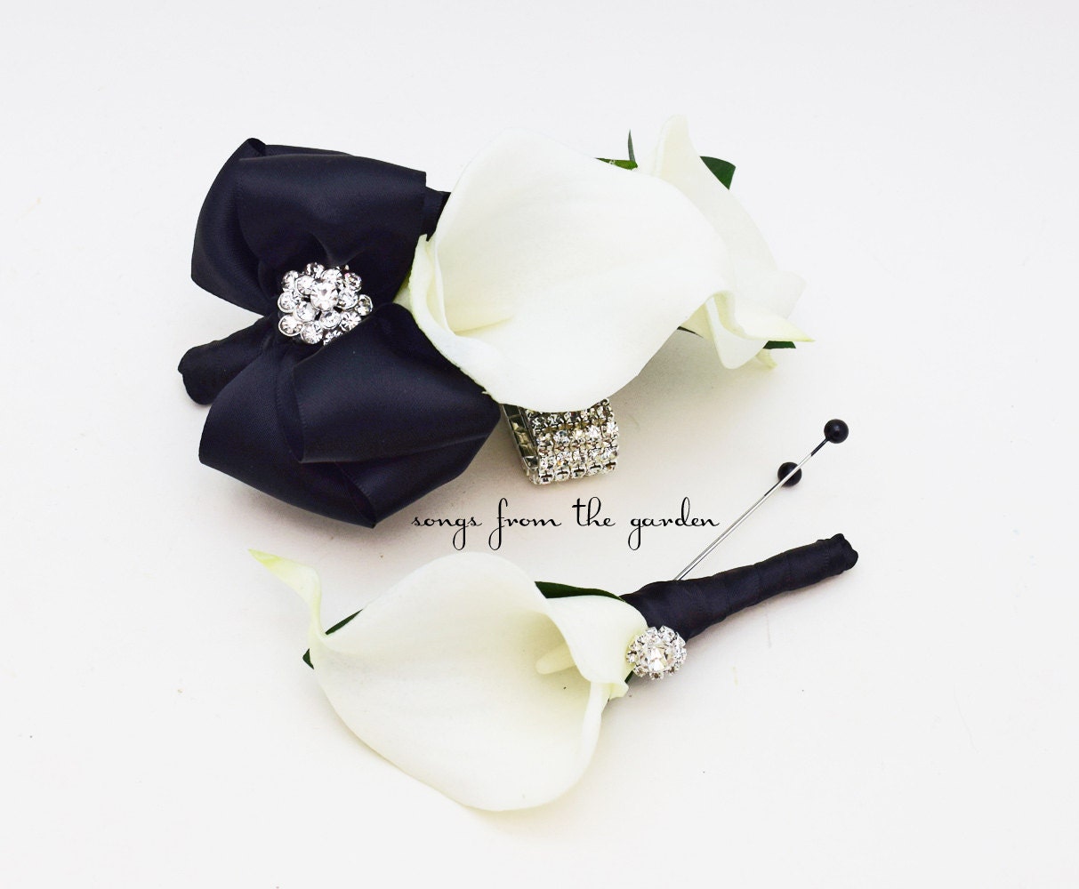 Black and White Callas and Rhinestones Real Touch Wedding Boutonniere Wedding Corsage - Prom Homecoming Corsage