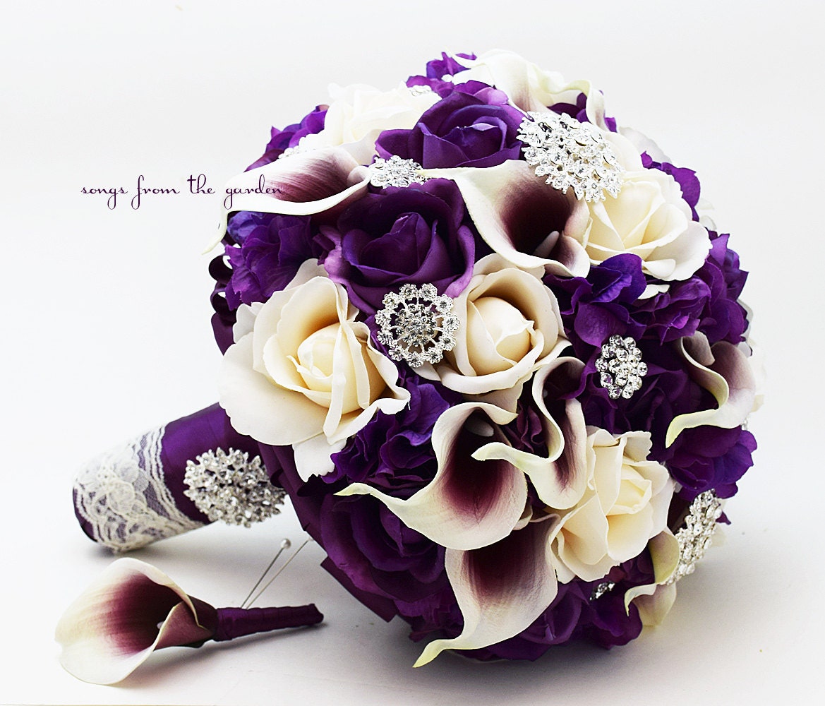 Bridal Bridesmaid Bouquet Real Touch Callas Purple Ivory Roses Rhinestones Purple Hydrangea - add Groom Groomsmen Boutonniere - Prom Bouquet