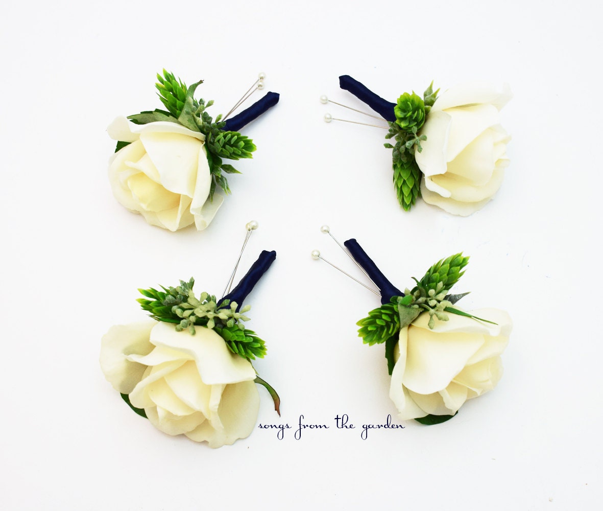 Ivory Rose Boutonnieres - Hops and Eucalyptus Accents - Navy Ribbon - Wedding Groom Groomsmen Boutonnieres Prom Homecoming Boutonniere
