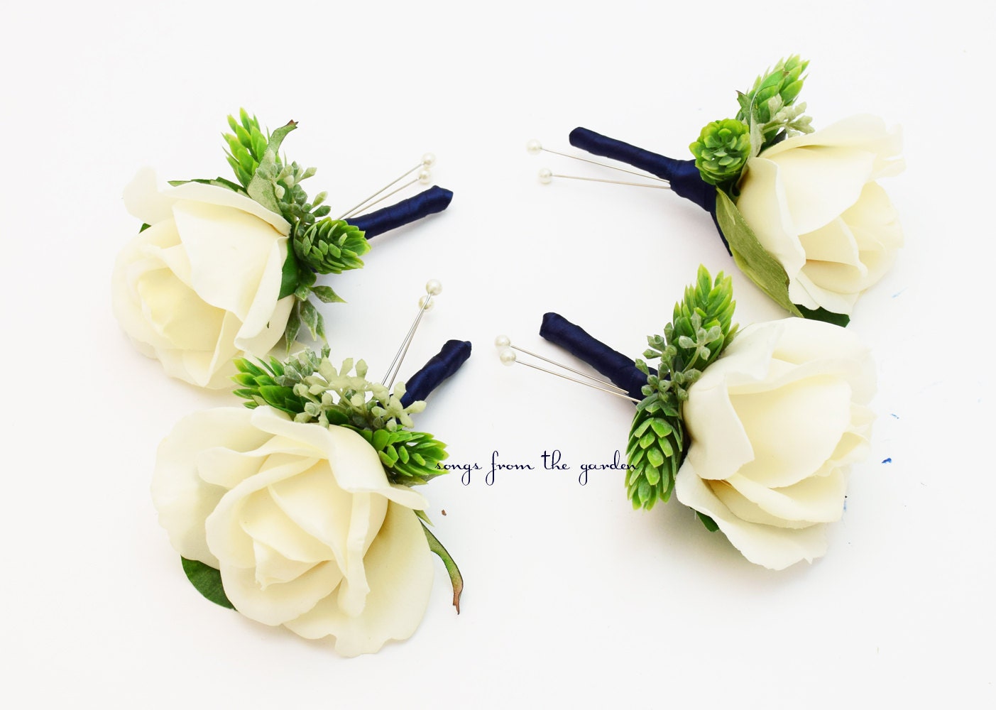 Ivory Rose Boutonnieres - Hops and Eucalyptus Accents - Navy Ribbon - Wedding Groom Groomsmen Boutonnieres Prom Homecoming Boutonniere