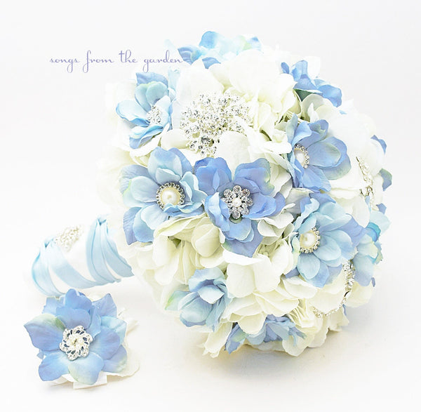 Blue and White Brooches & Blooms Bridal or Bridesmaid Bouquet Boutonniere - Silk Flower Wedding White Blue Bouquet - Add a Boutonniere