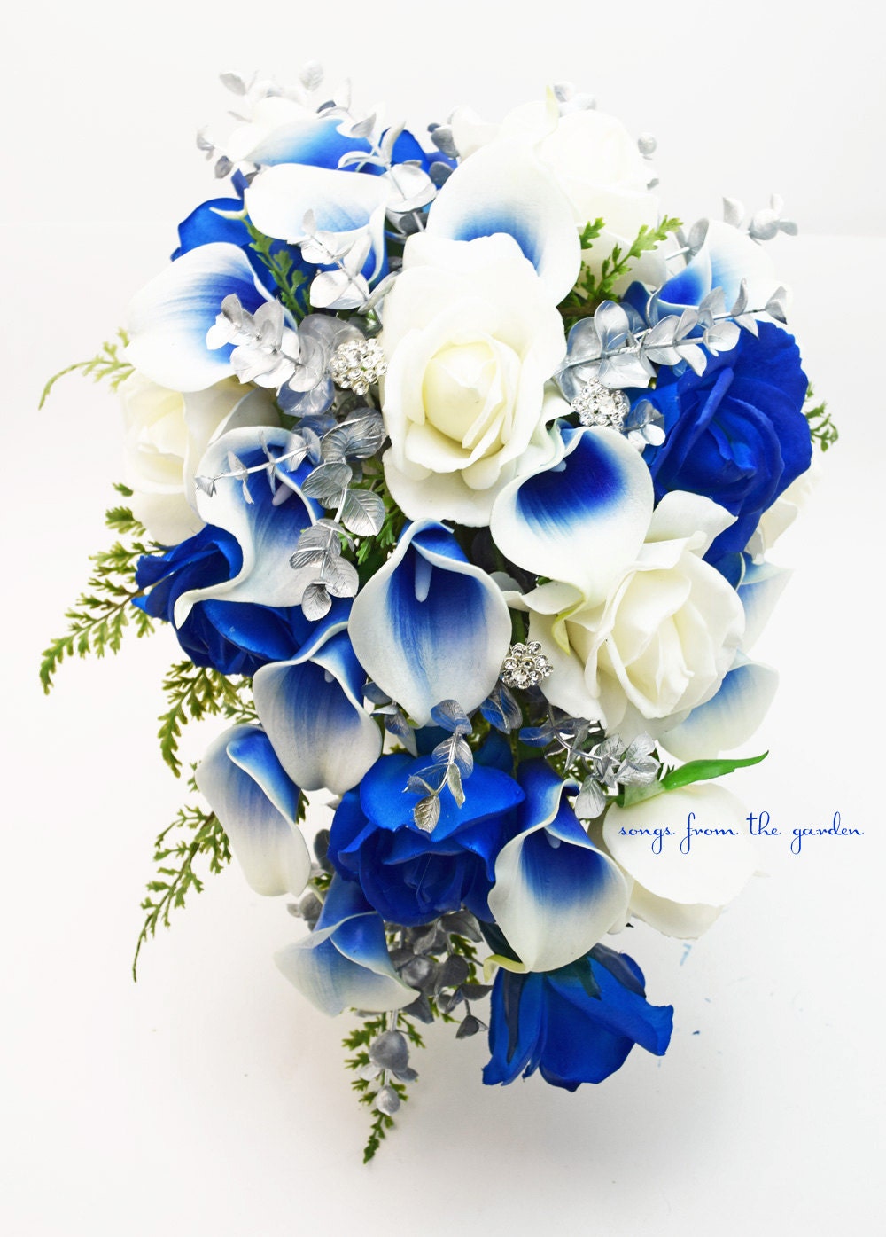 blue roses and white lilies bouquet Cascade Bridal Bouquet Silver Blue White - Picasso Callas Real Touch Royal Blue Roses, Rhinestones