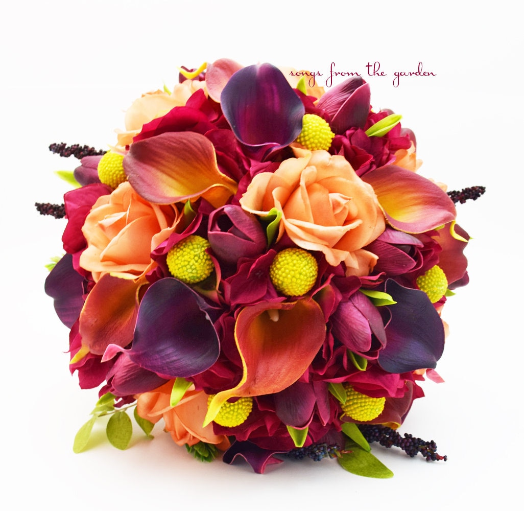 Plum Burnt Orange Calla Lilies Tulips Roses Yellow Craspedia Bridal Bouquet Groom's Boutonniere - Customize for your Wedding Colors