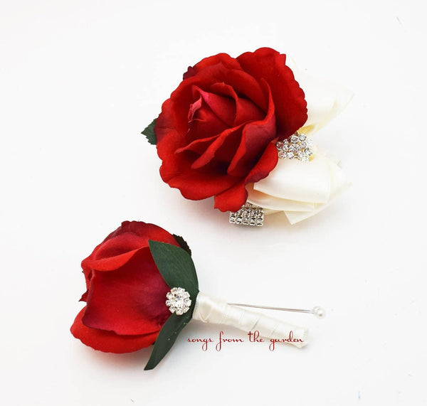 Corsage Boutonniere Red and Ivory with Rhinestones Real Touch Rose Wedding Corsage Mother of the Bride Father Flowers Prom Corsage