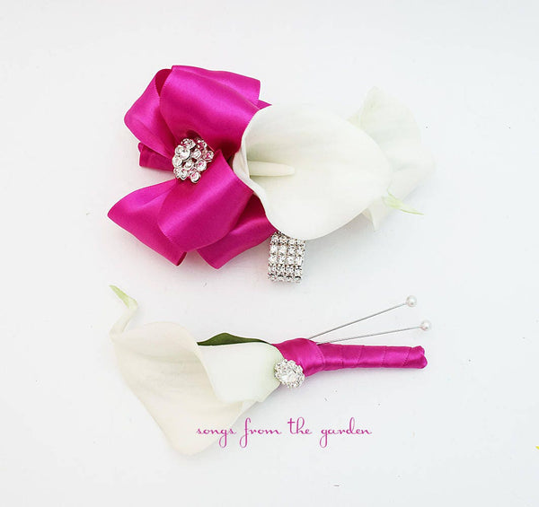 Fuchsia and White Callas and Rhinestones Real Touch Wedding Boutonniere and Corsage - Wedding Homecoming Prom Corsage