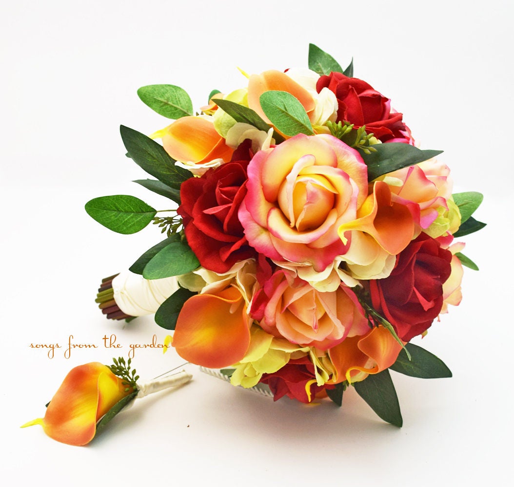 Autumn Wedding Bridal or Bridesmaid Bouquet - add a Groom's or Groomsmen Boutonniere - Real Touch Roses Calla Lily - Fall Color Bouquet